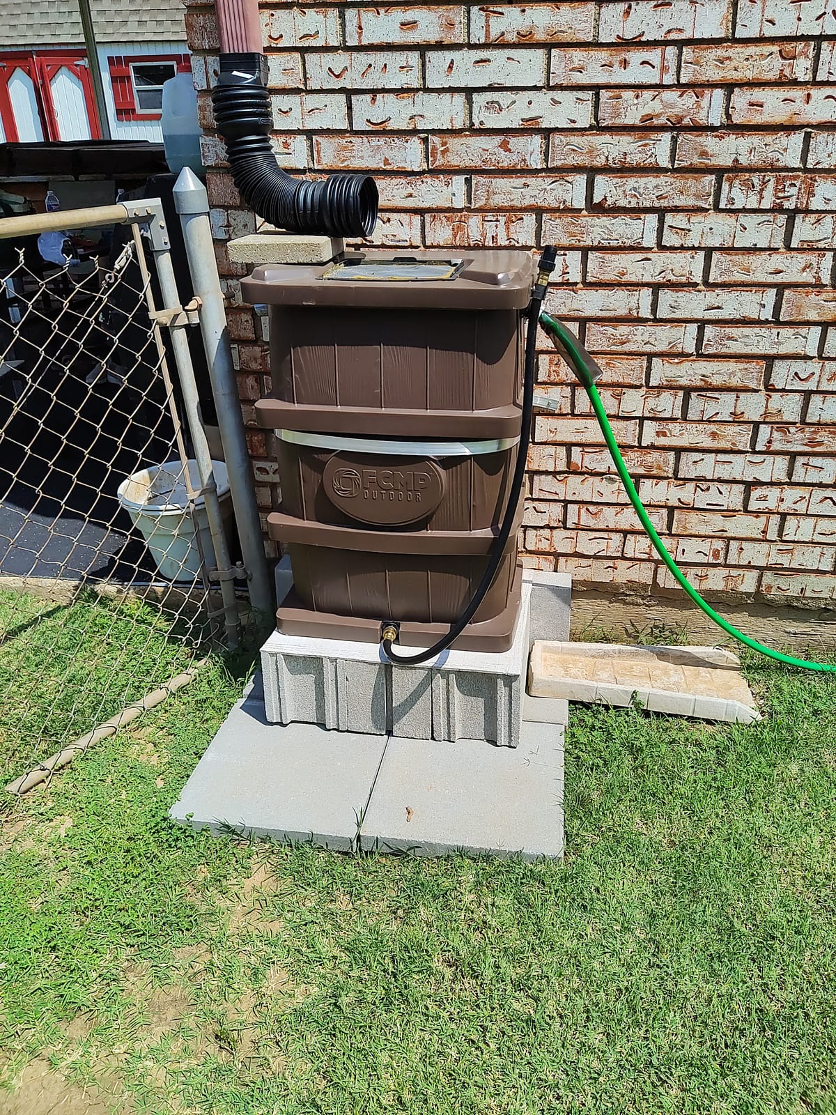 FCMP Outdoor Slim Line Design Rain Barrel, 45 Gallon, Brown | Wood Grain Design - Outdoor Home Rainwater Catcher Flat Back Container with Spigots and Mesh Screen customer photo 1