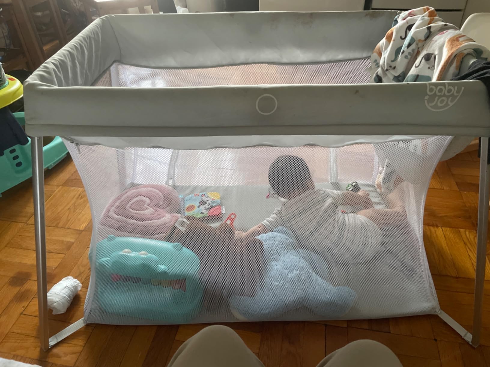 BABY JOY 2 in 1 Travel Crib with Side Zipper, Portable Baby Playard with Soft Washable Mattress, Installation-Free Home Playard with Carry Bag for Airplane, Lightweight Playpen for Infants & Toddlers customer photo 1
