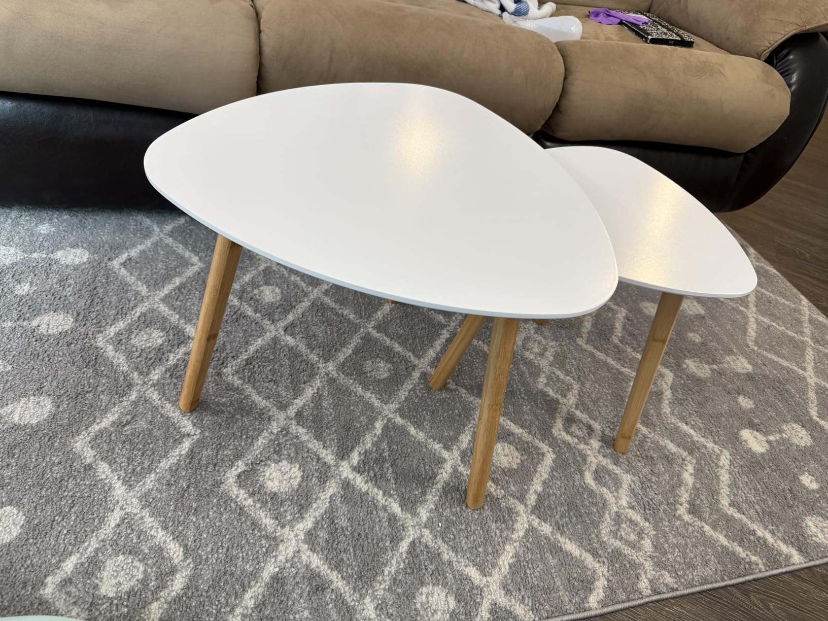 BAMEOS Bamboo Nesting Triangle End Table, Set of 2 Side Table Modern Minimalist Coffee Table for Living Room, Balcony in White customer photo 2