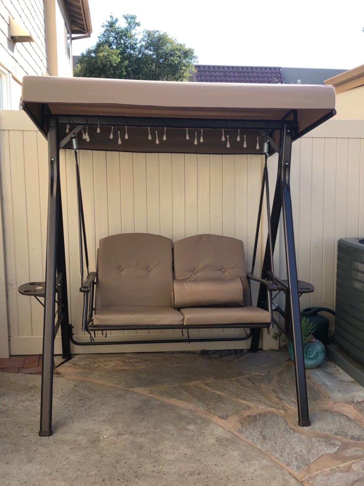 PURPLE LEAF Patio Swing 2-Seat with Canopy and Stand Aluminum, Beige | Thick Cushions with Removable Covers, Integrated Cup Holder, Weather-Resistant Aluminum Frame, UV-Resistant Canopy customer photo 1