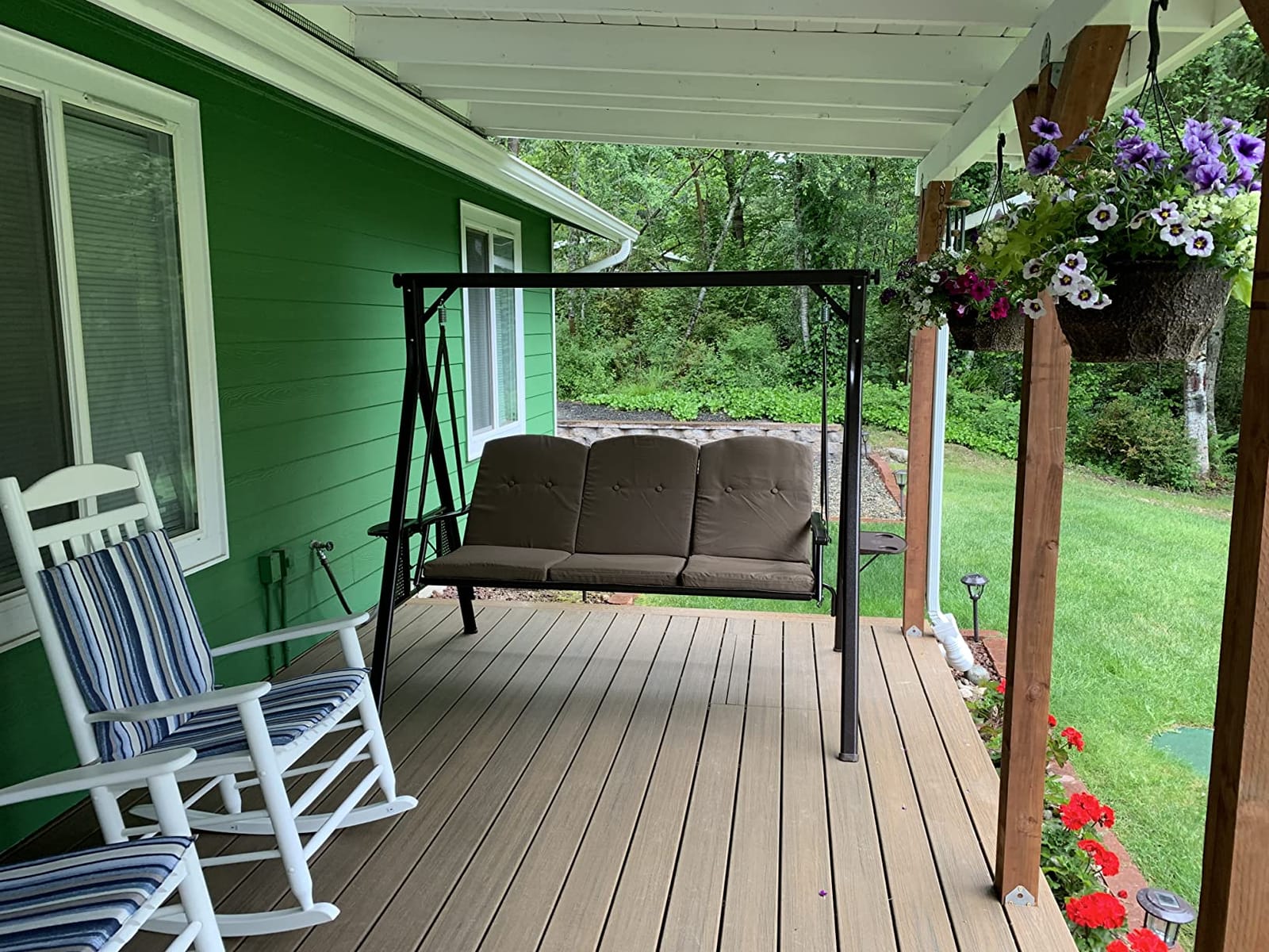 PURPLE LEAF Patio Swing 2-Seat with Canopy and Stand Aluminum, Beige | Thick Cushions with Removable Covers, Integrated Cup Holder, Weather-Resistant Aluminum Frame, UV-Resistant Canopy customer photo 2