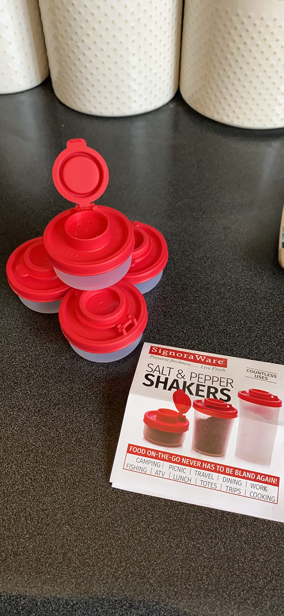 SIGNORAWARE Salt and Pepper Shakers Moisture Proof Set of 4 Small Mini Salt Shaker to go Camping Picnic Outdoors Kitchen Lunch Boxes Travel Spice Set Clear with Red Covers Plastic Airtight Dispenser customer photo 1