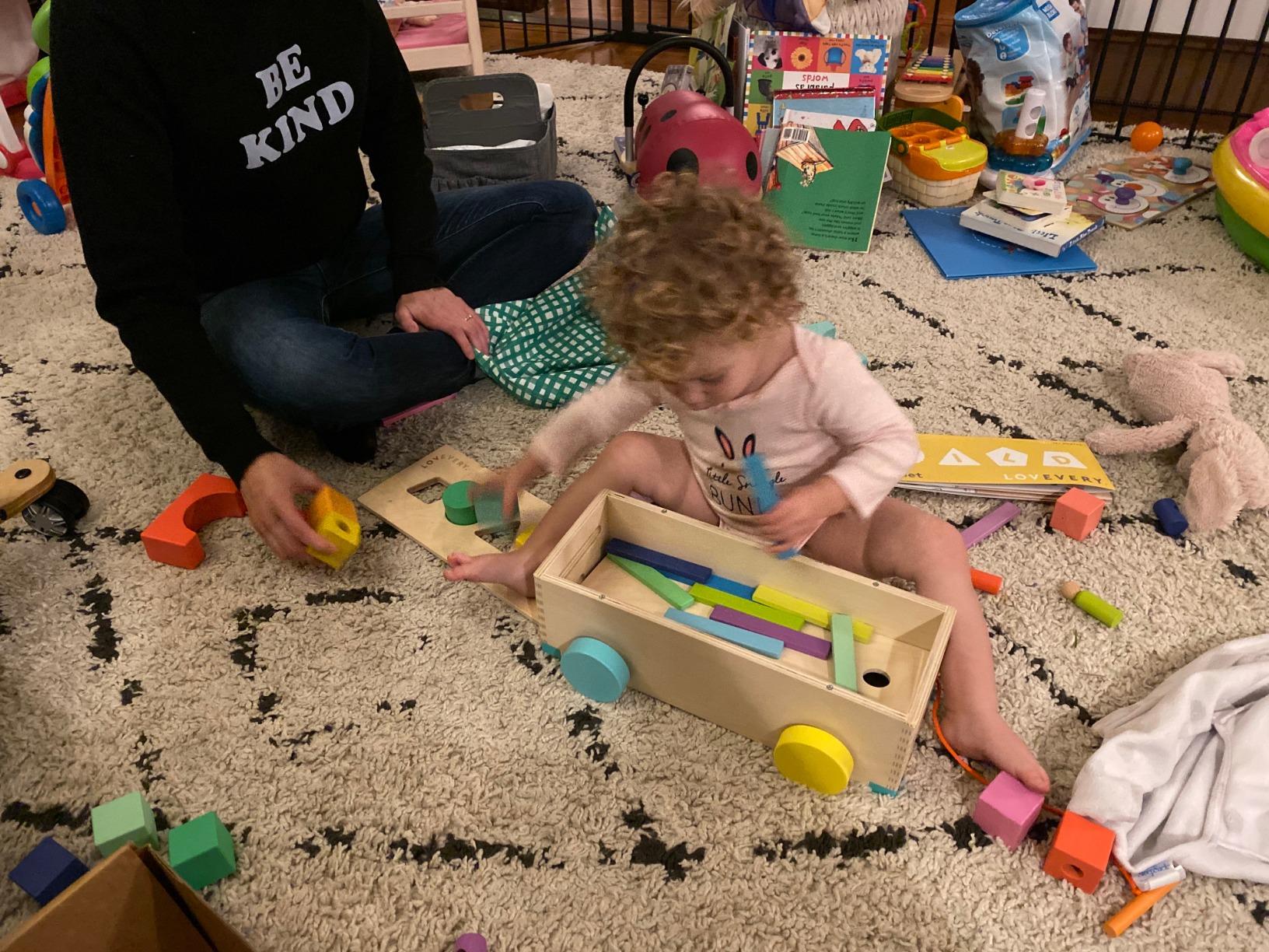 LOVEVERY | The Block Set | Solid Wood Building Blocks and Shapes + Wooden Storage Box, 70 Pieces, 18 Colors, 20+ Activities, Toddler Block Set and Converts into a Pull Car, Ages 12 to 48+ months customer photo 1