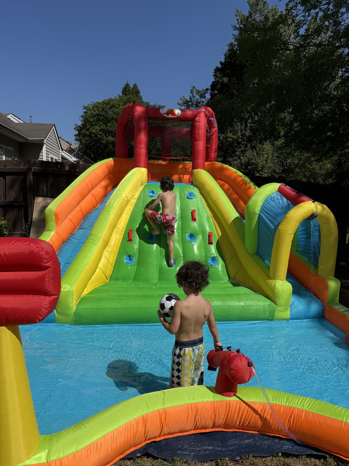 WELLFUNTIME Inflatable Water Double Slides Park, Bounce House with Arched Water Gun Spray, Jumping Castle with Air Blower customer photo 2