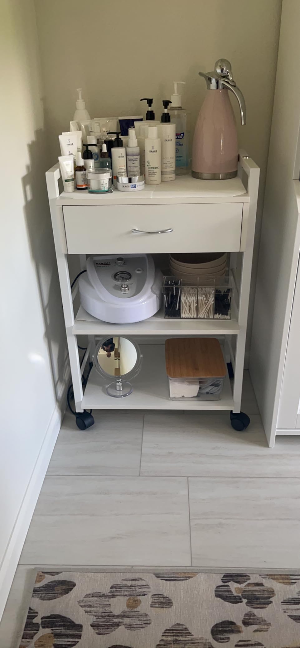 Salon Trolley Cart with Wheels, Wooden Rolling Storage Station, Mobile Utility Cabinet with 1 Drawer 2 Trays, Medical Esthetic Supply for Beauty SPA Massage Tattoo Facials, White customer photo 2