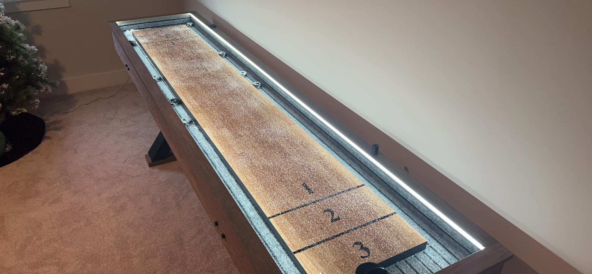 American Legend Kirkwood 9' Shuffleboard Table with LED Rails, Bowling Game Set, Rustic Wood Finish & Accessories Included customer photo 1