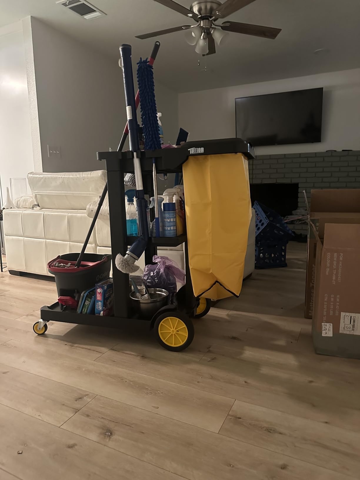 TUFFIOM Commercial Traditional Cleaning 3-Shelf Janitorial Cart, 500 Lbs Capacity Housekeeping Cart, Wheeled with Yellow Vinyl Bag and Cover w Lid, Black customer photo 1