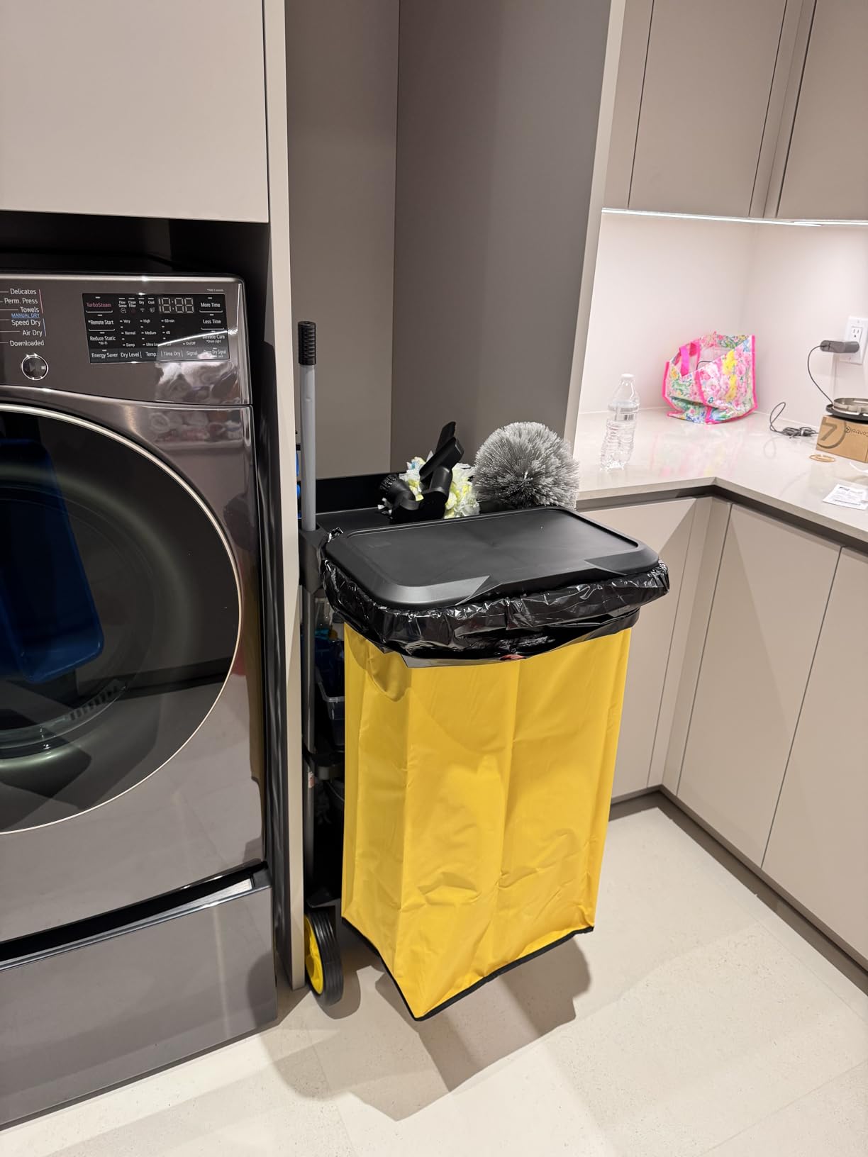 TUFFIOM Commercial Traditional Cleaning 3-Shelf Janitorial Cart, 500 Lbs Capacity Housekeeping Cart, Wheeled with Yellow Vinyl Bag and Cover w Lid, Black customer photo 2