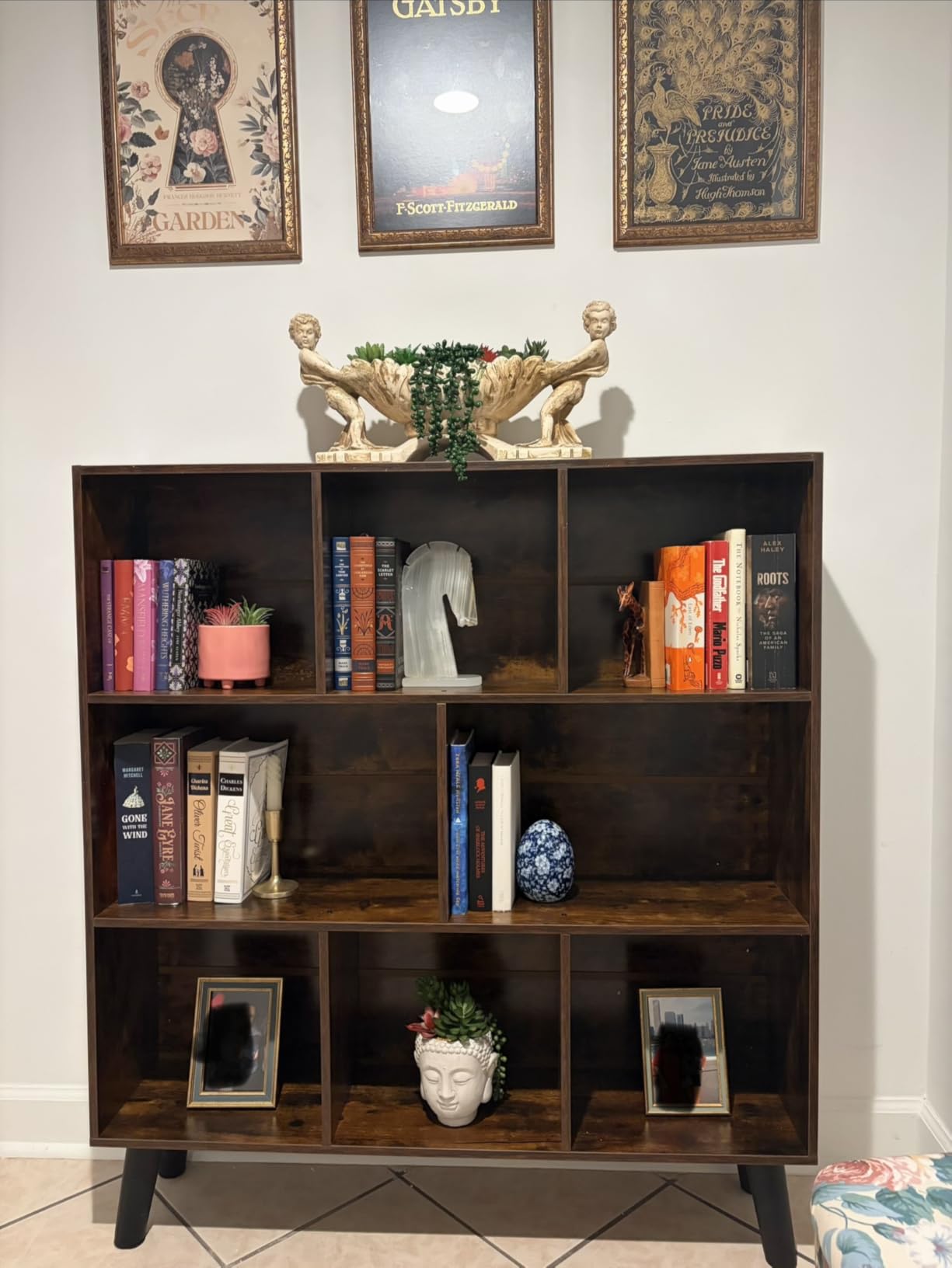 LEYAOYAO Cube Bookshelf, Mid-Century Modern Book Shelf with Legs, Brown | 3 Tier Bookcase, Rustic Wood Bookshelves, Freestanding Small Storage Organizer, Open Shelves for Bedroom, Living Room, Office customer photo 2