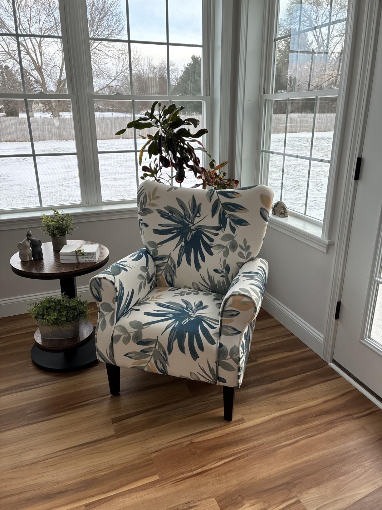 YOLENY Modern Accent Chair, High Back Armchair, Upholstered Fabric Button Single Sofa with Wooden Legs for Living Room, Bedroom, Blue Leaves customer photo 2