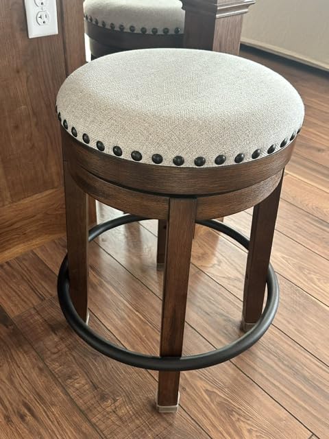Signature Design by Ashley Valebeck Swivel Counter Height Bar Stool, 24 in | Backless cushioned seat, 360-degree swivel, Dark brown wood & black metal base customer photo 2