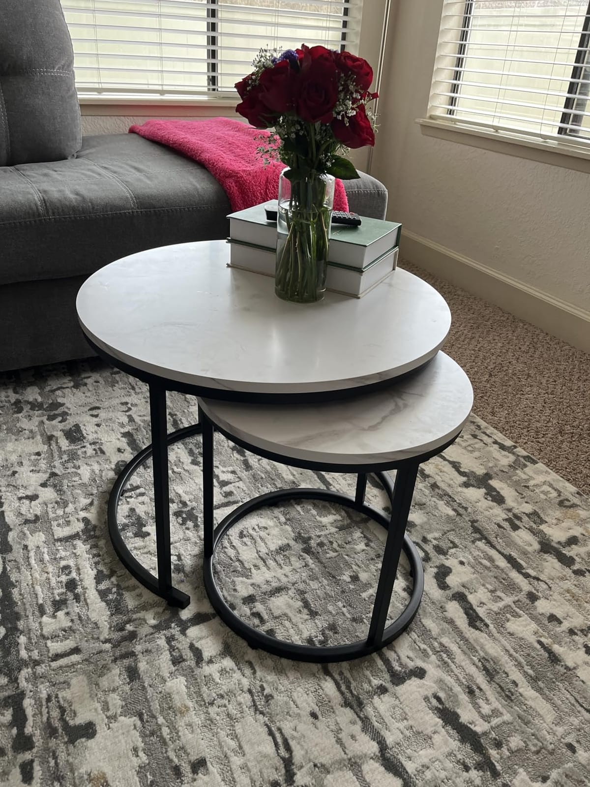 aboxoo Coffee Table Nesting White Set of 2 Side Set Golden Frame Circular Round and Marble Pattern Wooden Tables, Living Room Bedroom Apartment Modern Industrial Simple Nightstand customer photo 1