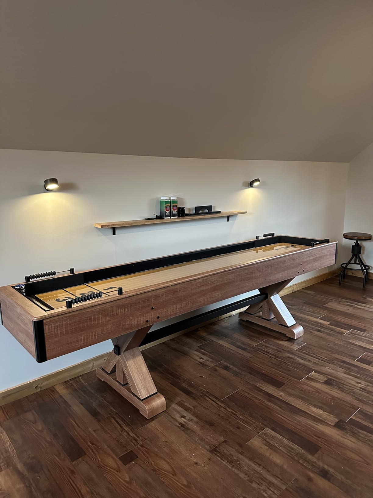 Hathaway Daulton 9-ft Shuffleboard Table for Family Game Rooms with Padded Sidewalls, Legs Levelers, 8 Pucks, Table Brush and Wax, White Oak Finish customer photo 2