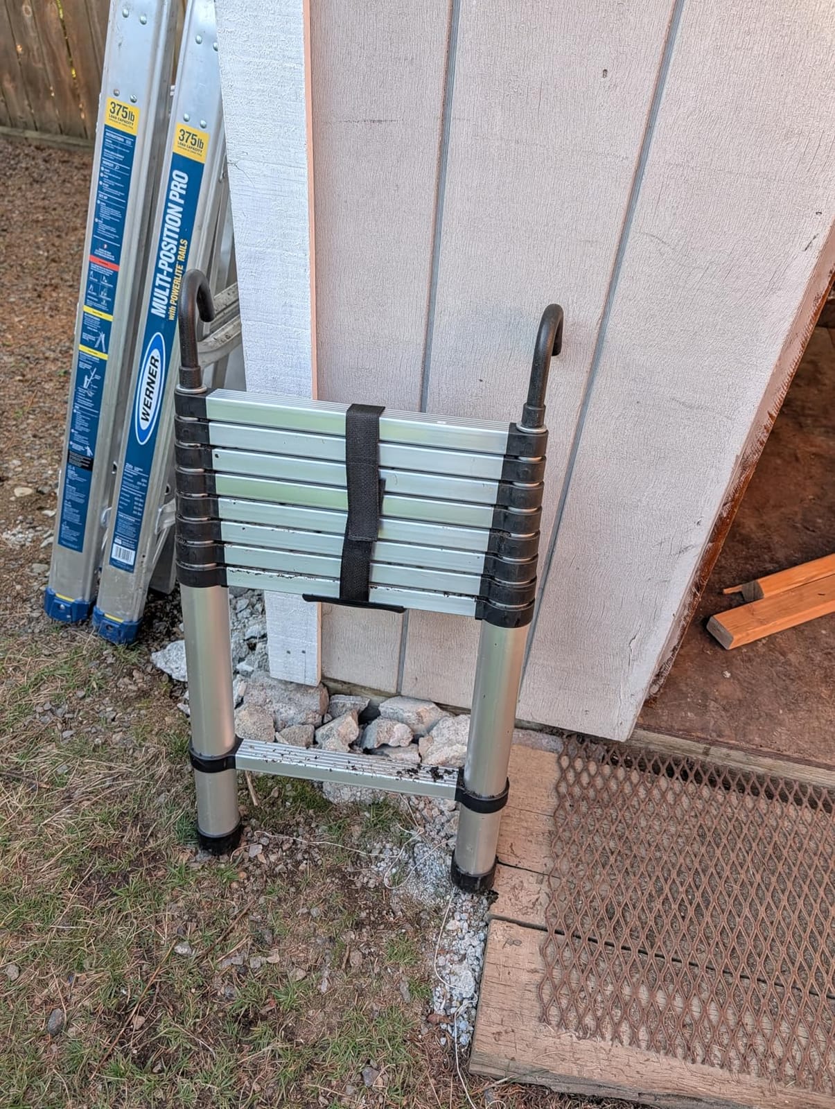 RIKADE Telescoping Ladder, 12.5 FT Aluminum Lightweight Collapsible Ladder with Detachable Top Hooks, 330 lbs Max Load, Extension Ladder for RV, Roof and Construction, Aluminum customer photo 1