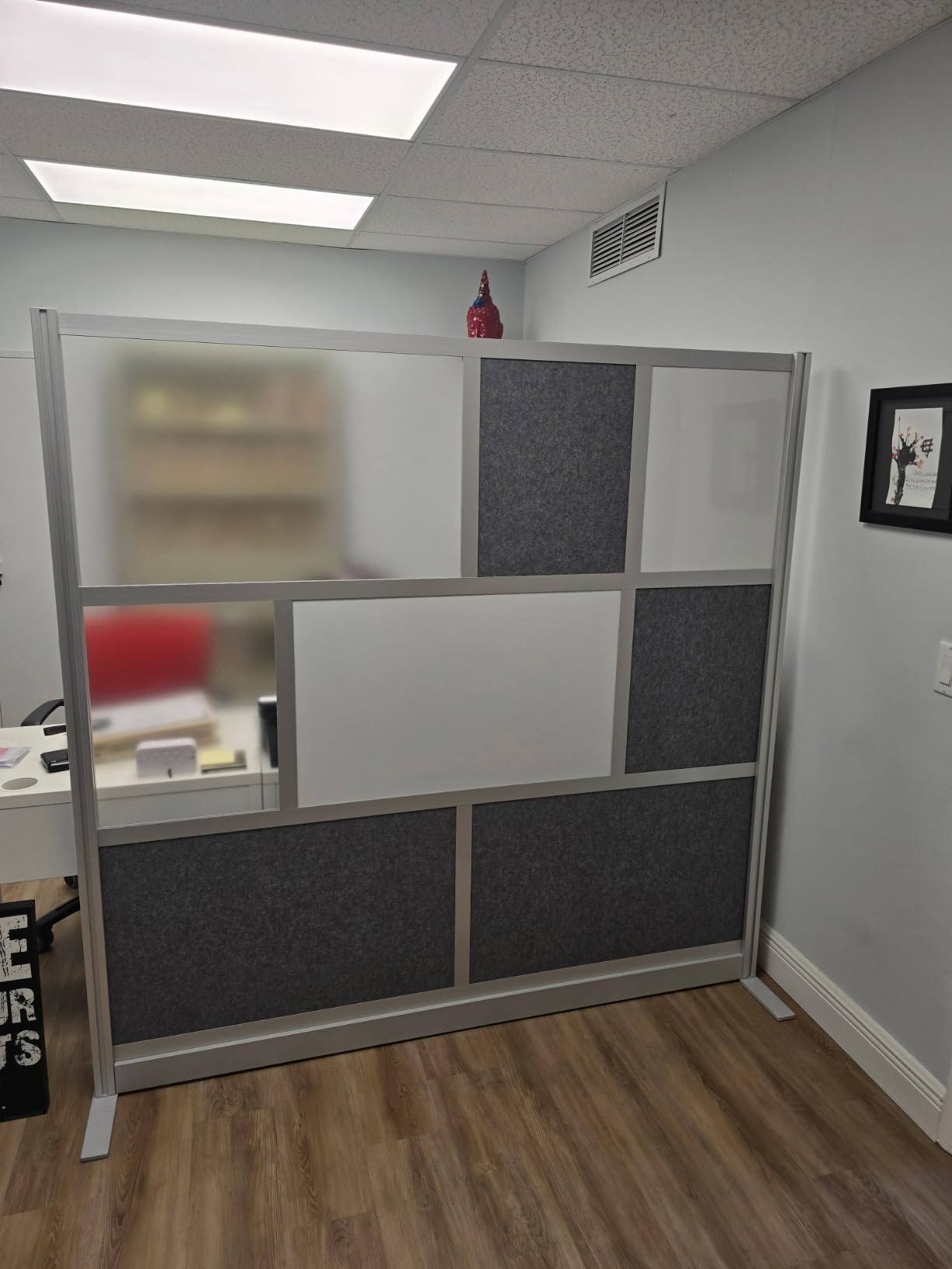 Room Divider for Office Privacy - Modular Freestanding Partition with Whiteboard, PET Acoustic Panel, and Frosted Acrylic, Workflow Multi-Functional Wall, Gray Frame, Easy Assembly (70