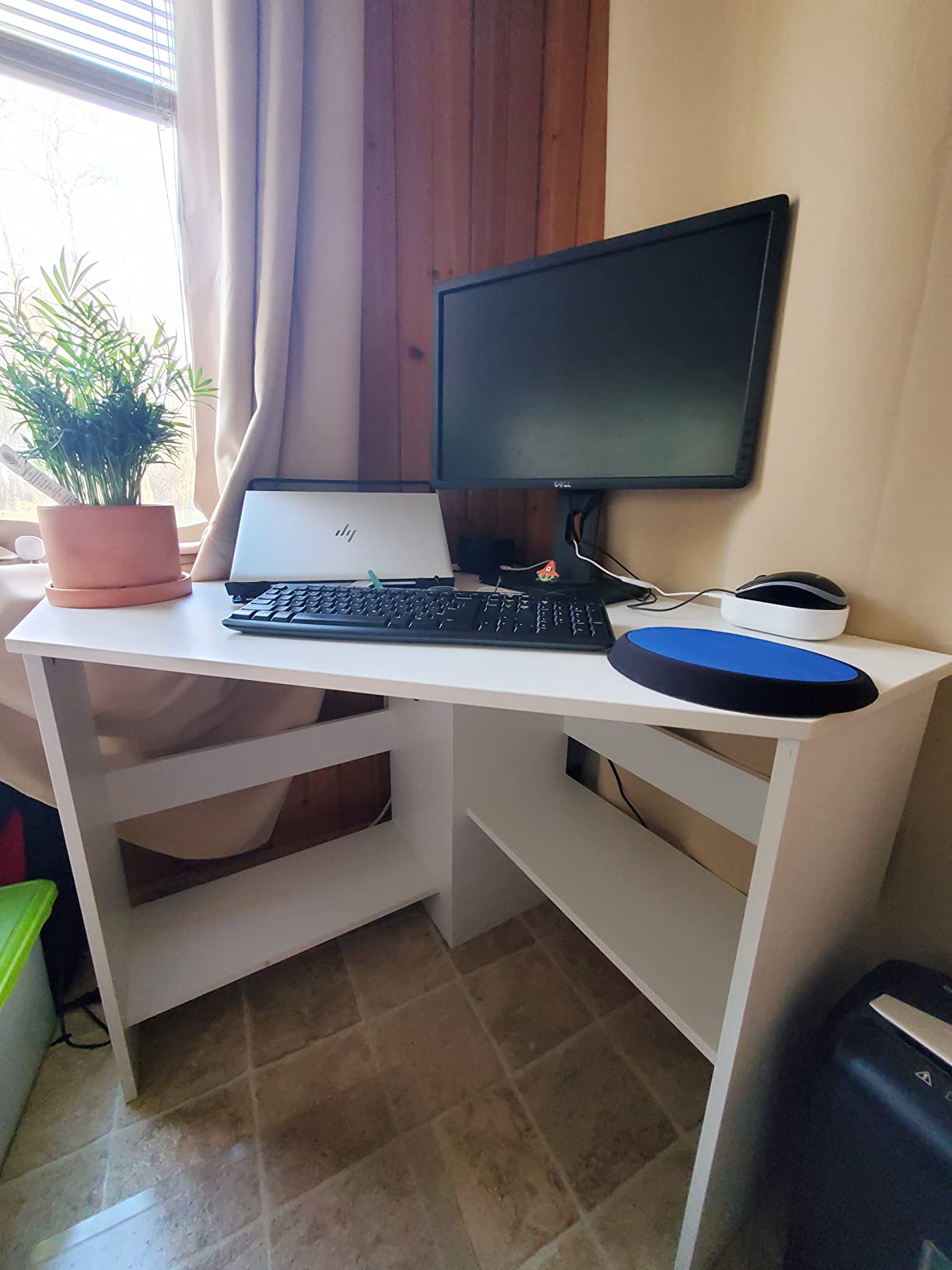 Tangkula White Corner Desk - 90 Degrees Triangle for Computer, Small Space, Bedroom, Makeup Vanity Desk with Storage Shelves & CPU Stand, Space Saving Writing Desk customer photo 2