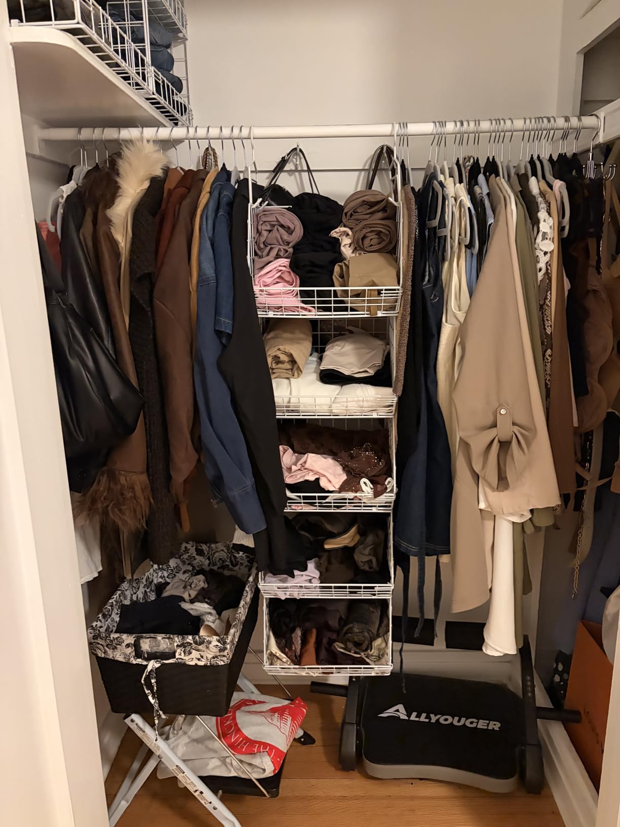 X-cosrack 5 Tier Closet Hanging Organizer - Clothes Hanging Shelves with 4 Hanging Hooks and 5 S Hooks, Wire Storage Basket Bins customer photo 1