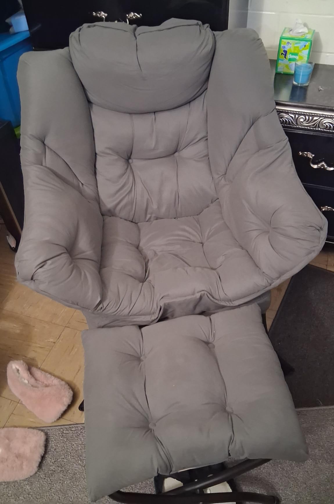 Welnow Lazy Chair with Ottoman, Reading Chair with Footrest, Dark Grey, Side Pocket, Armrests, Foldable Footrest, Thick Cushioned Seat & Backrest, Lounge Chair for Bedroom, Living Room & Small Space customer photo 2