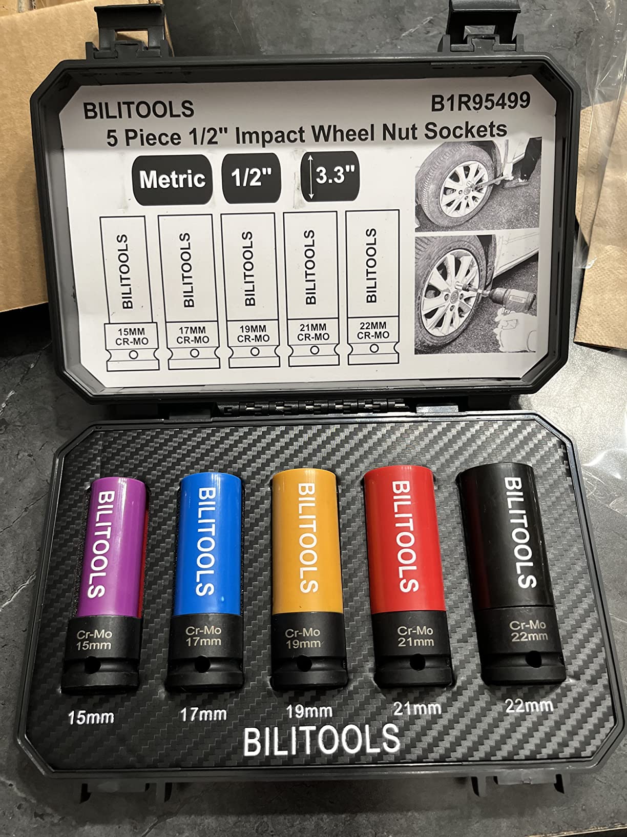 BILITOOLS 5pcs 1/2'' Drive Impact Lug Nut Socket Set, 15/17/19/21/22mm | Non-Marring Socket Set, CR-MO Steel, 6-Point Flank Drive, Color-Coded Sleeves, Scratch-Proof, fits Impact Wrenches customer photo 2