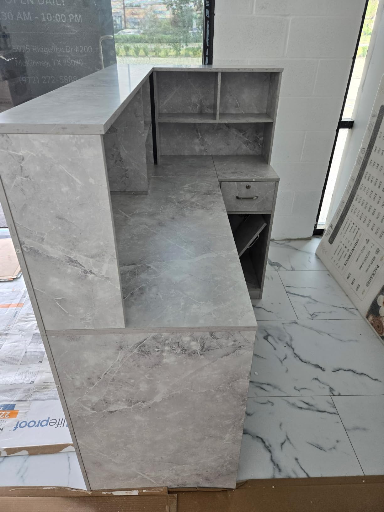 AIEGLE Reception Desk with Counter Drawers & Storage Shelves, L-Shaped Reception Counter Table for Salon Reception Room Checkout Office, White (55.9