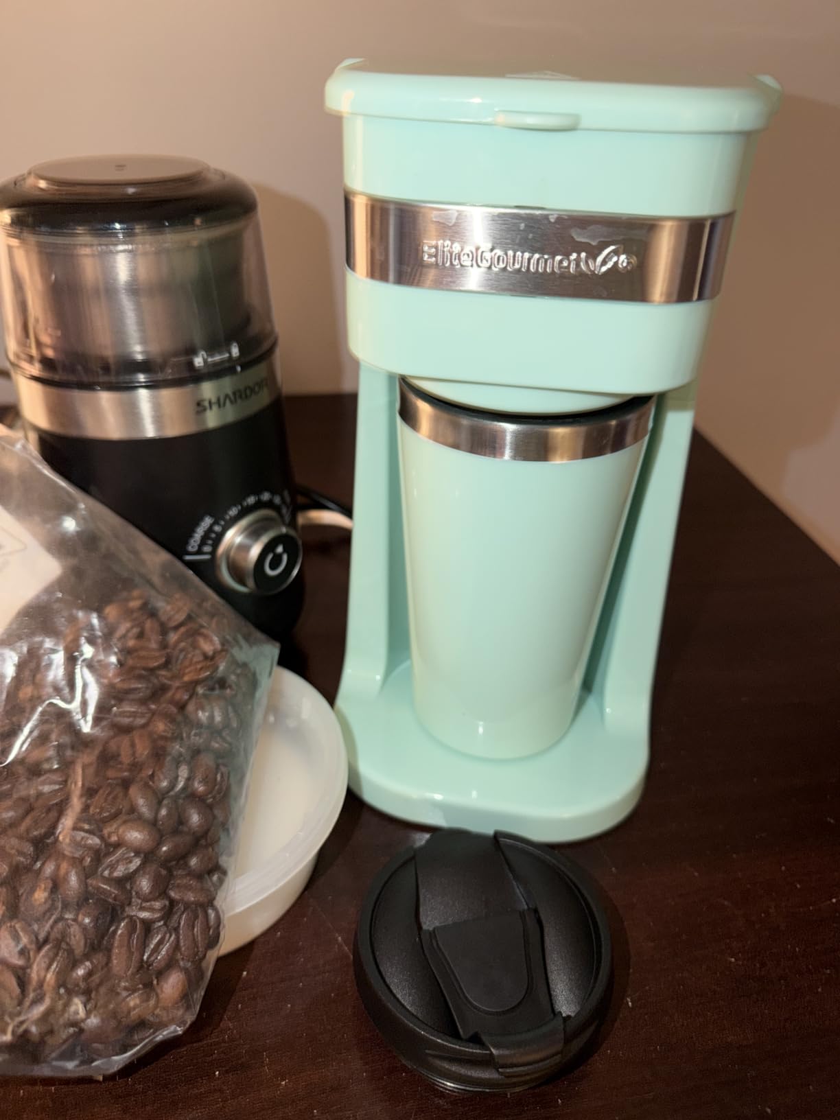 Elite Gourmet EHC113M Personal Single-Serve Compact Coffee Maker, Mint | Includes 14oz stainless steel interior thermal travel mug, reusable filter - compatible with coffee grounds customer photo 1
