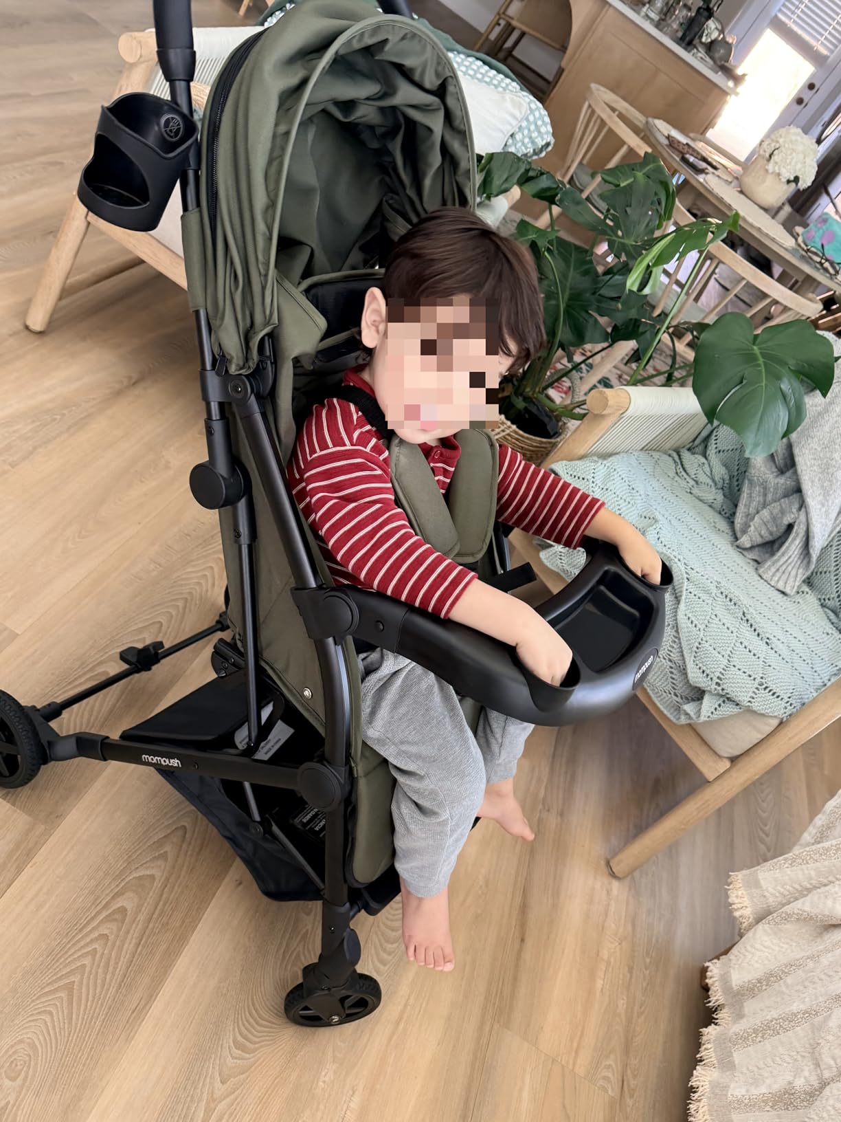 Mompush Lithe V2 Lightweight Travel Stroller Snack Tray Included, Khaki | Compact baby stroller, airplane-ready, one-hand fold, mechanical recline seat, UPF 50+ canopy, travel bag & rain cover customer photo 1