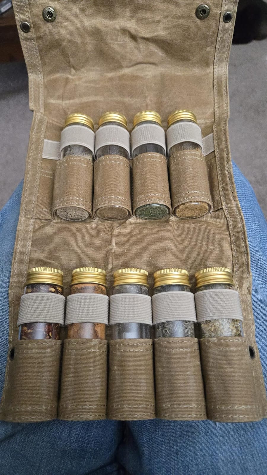 Camping Spice Kit, 9 Jars with Labels & Funnel (CAMEL BROWN) | 9 reusable spice jars, wax canvas bag, 30 labels & collapsible funnel, compact organizer for camping and outdoor cooking customer photo 1