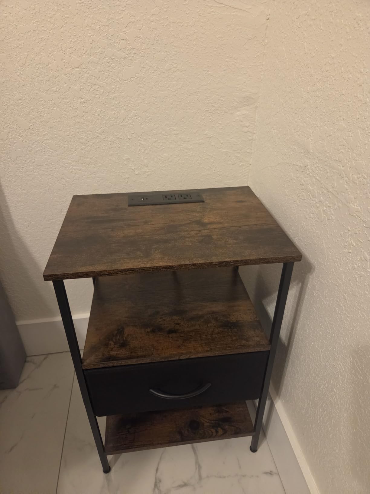 SUPERJARE Nightstand with Charging Station, USB-C Port, Bedside Table | Night Stand for Bedroom, with Adjustable Fabric Drawer, 3-Tier Storage End Table, for Living Room, Rustic Brown & Black customer photo 2