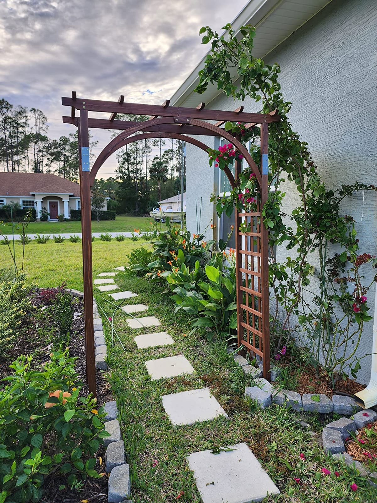 Outvita 7Ft Dark Brown Wooden Garden Arbor Arch Trellis | Heavy duty wood pergola archway for climbing roses vines, perfect for patio lawn courtyard wedding ceremony decor customer photo 2