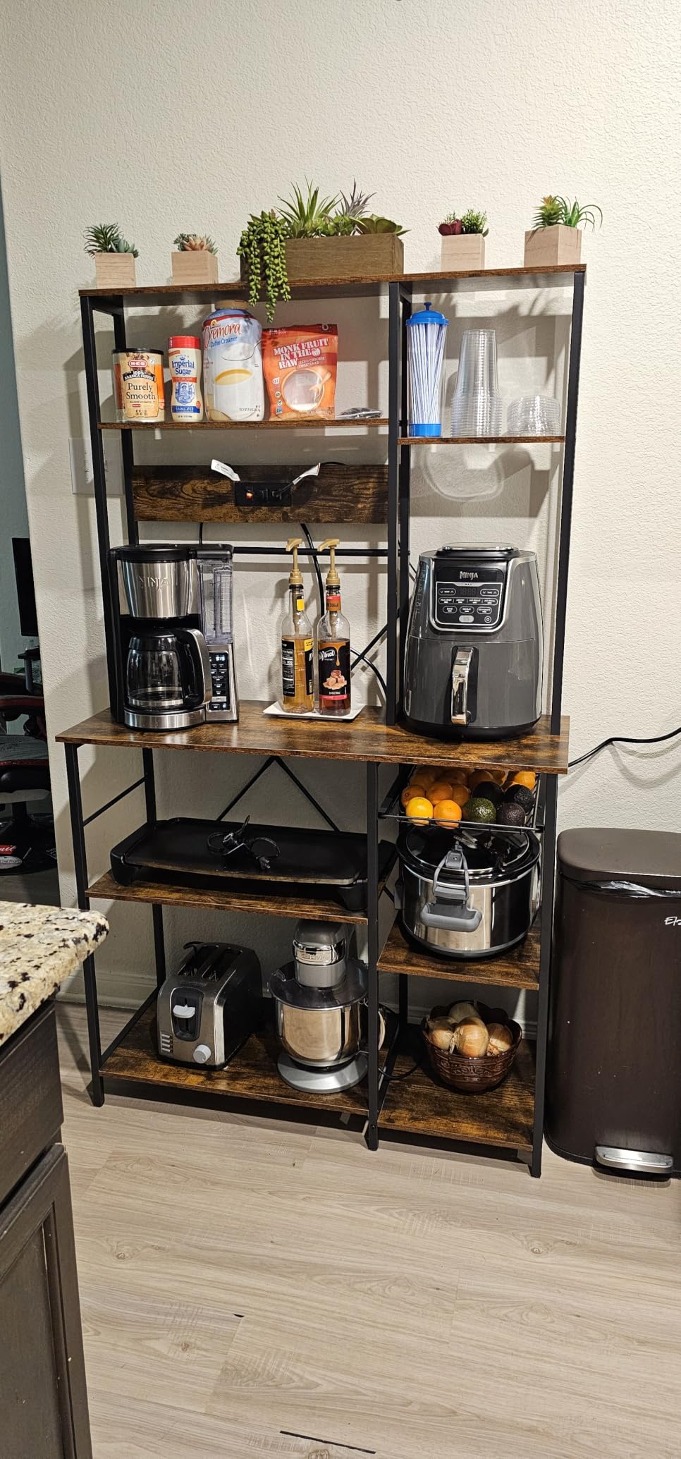 SUPERJARE Large Bakers Rack with Power Outlets, 39.6 Inches Microwave Stand | Coffee Bar with 6-Tier Storage, 12 S-Shaped Hooks, Kitchen Shelf with Wire Basket, Rustic Brown customer photo 1