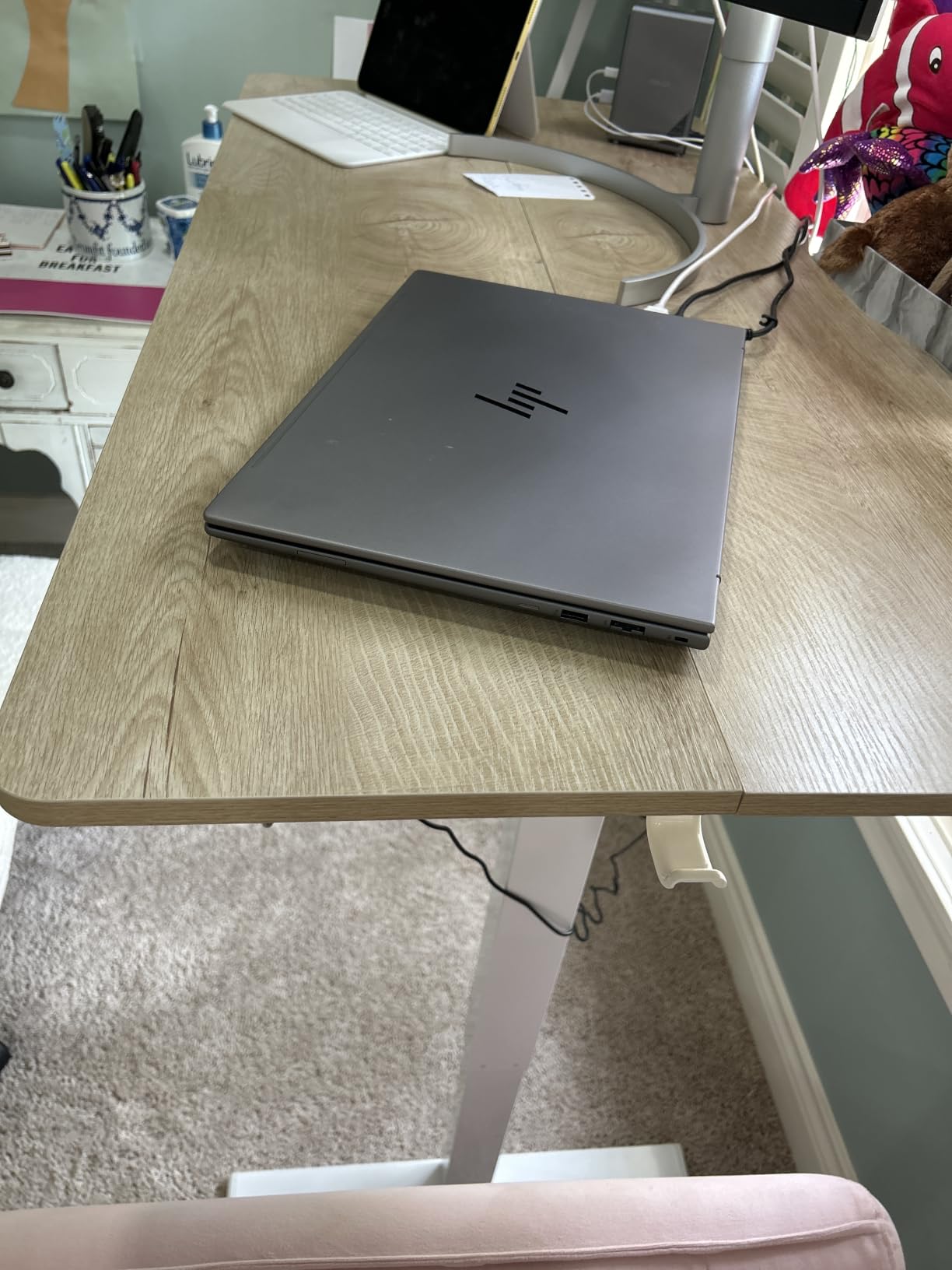 Cubiker Standing Desk, 48x24 Inches Sit Stand Home Office Desk, Electric Stand up Desk, Adjustable Desk with Splice Board, White Frame/Maple Top customer photo 1