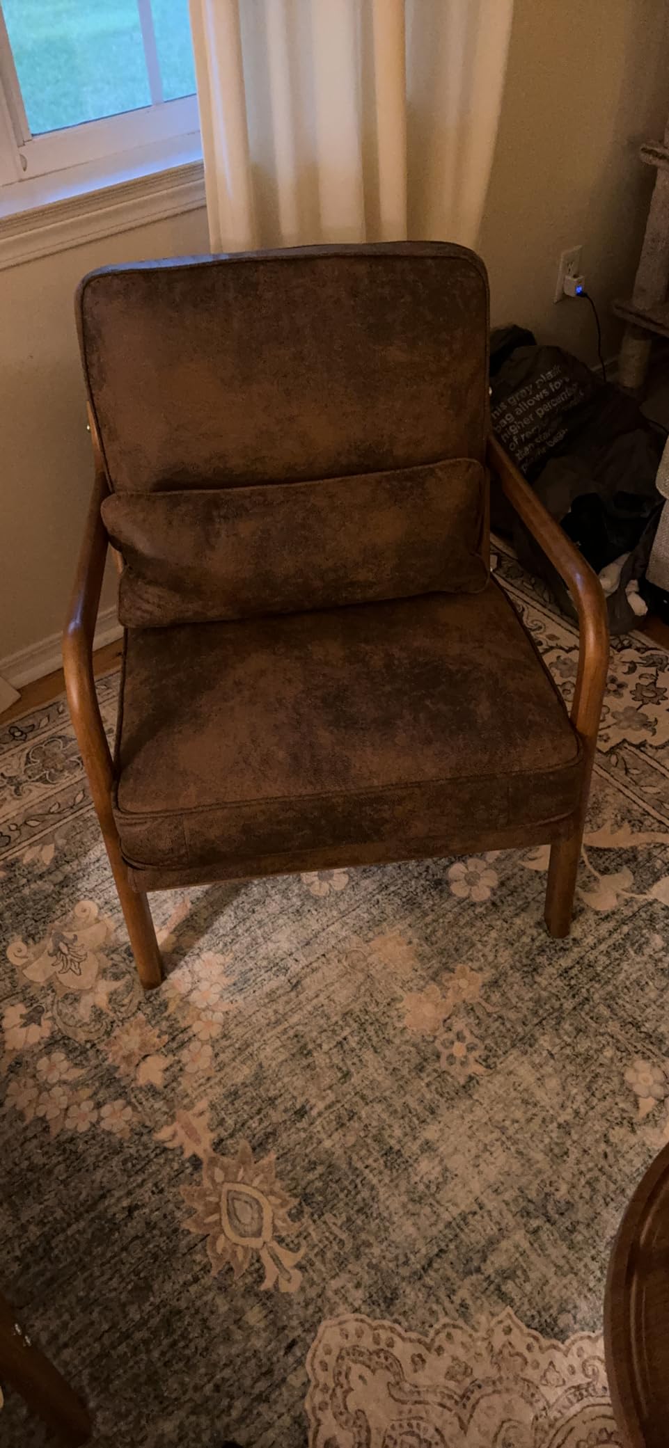 Karl home Accent Chair High Back Mid-Century Modern, Beige | Line Fabric Upholstered, Walnut Color Solid Rubber Wood Frame, Soft Cushion with Pillow, For Living Room, Bedroom, Balcony customer photo 2