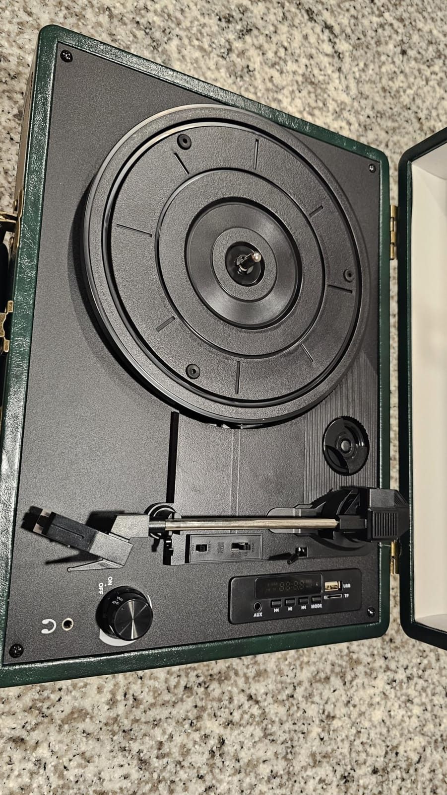 Vintage 3-Speed Bluetooth Portable USB Suitcase Record Player with Built-in Speakers | Upgraded Vinyl Turntable Audio Sound, USB SD Card Recording&Playback, Portable Suitcase Design, White Leather customer photo 1