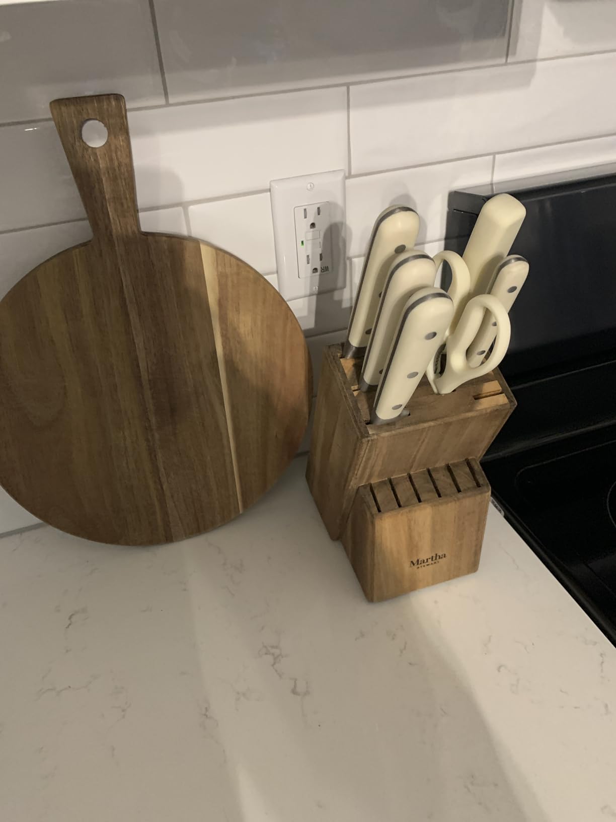 MARTHA STEWART Eastwalk 14 Piece High Carbon Stainless Steel Cutlery Kitchen Knife Block Set w/ABS Triple Riveted Forged Handle Acacia Wood Block - Linen White customer photo 1