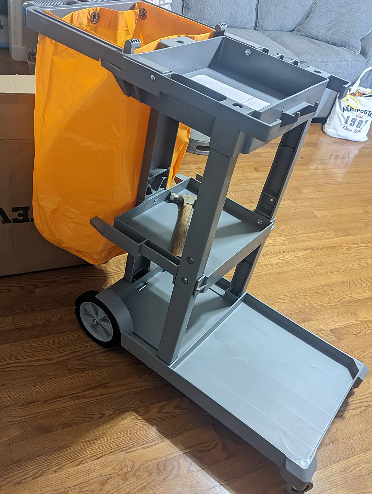 VEVOR Cleaning Cart, 3-Shelf Commercial Janitorial Cart, 200 lbs Capacity Plastic Housekeeping Cart, with 25 Gallon PVC Bag, 47