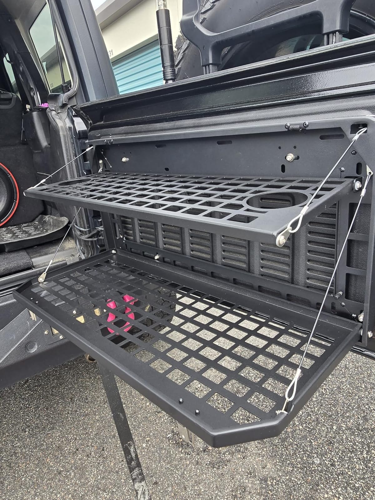 2-Tier Tailgate Table Rear Foldable Storage Cargo Rack Outdoor Camping Desk | compatible with 2007-2024 Jeep Wrangler JK & JL 4 Door (Not Fit JK Models with Stock Subwoofer) customer photo 2