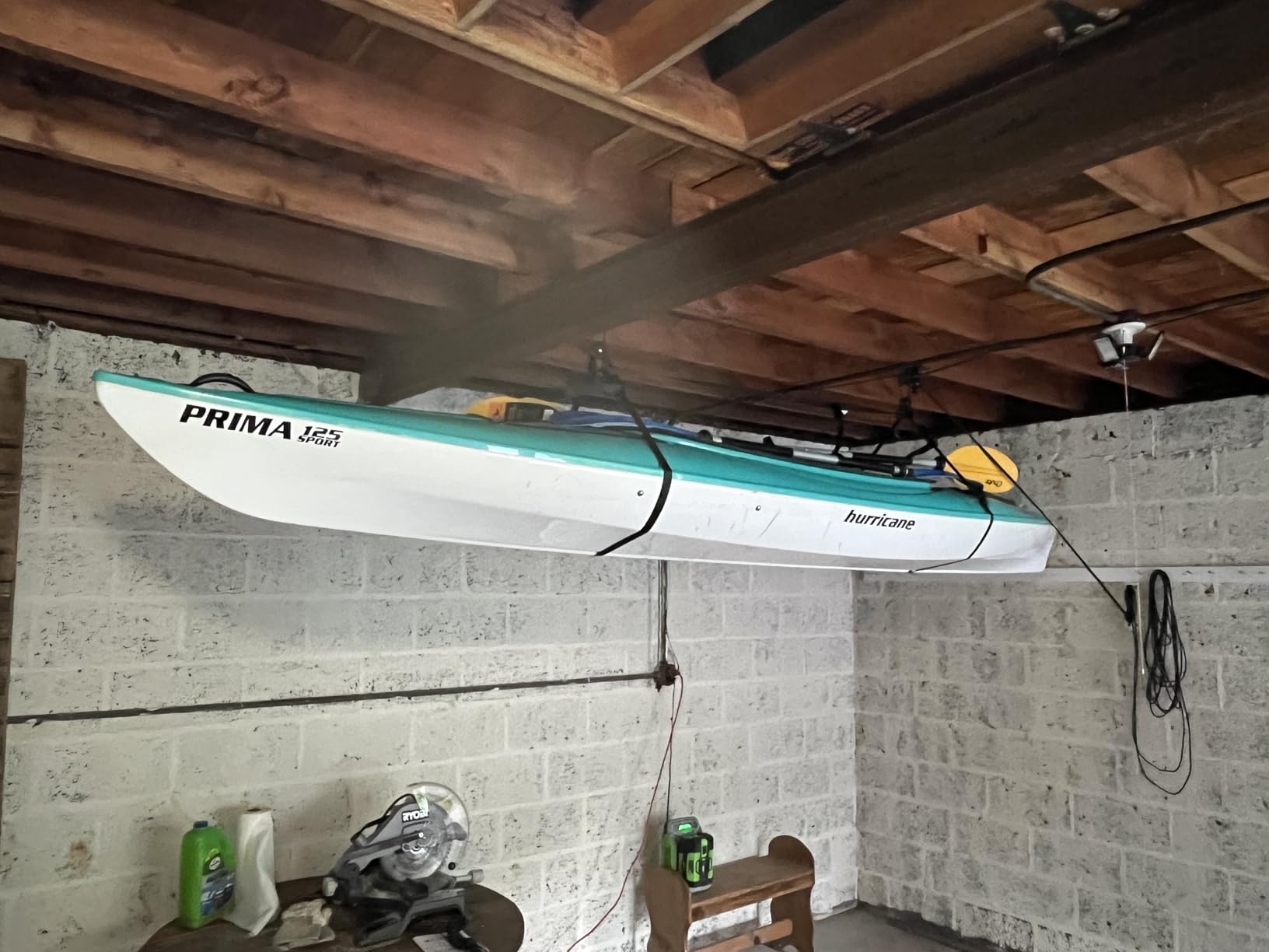 StoreYourBoard Kayak and Canoe Ceiling Hoist - Overhead Garage Storage Rack for Kayaks, Canoes, and Paddle Gear - Heavy Duty Pulley System Indoor Ceiling Mount customer photo 2