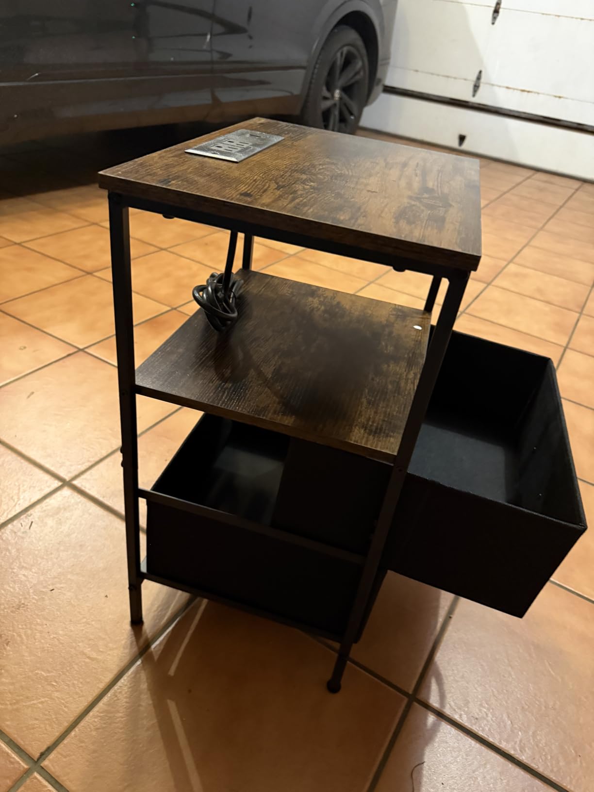 Huuger Nightstand with Charging Station, Side Table with Fabric Drawers | End Table with Open Shelf, Bedside Table with USB Ports and Outlets, Night Stand for Bedroom, Rustic Brown and Black customer photo 2