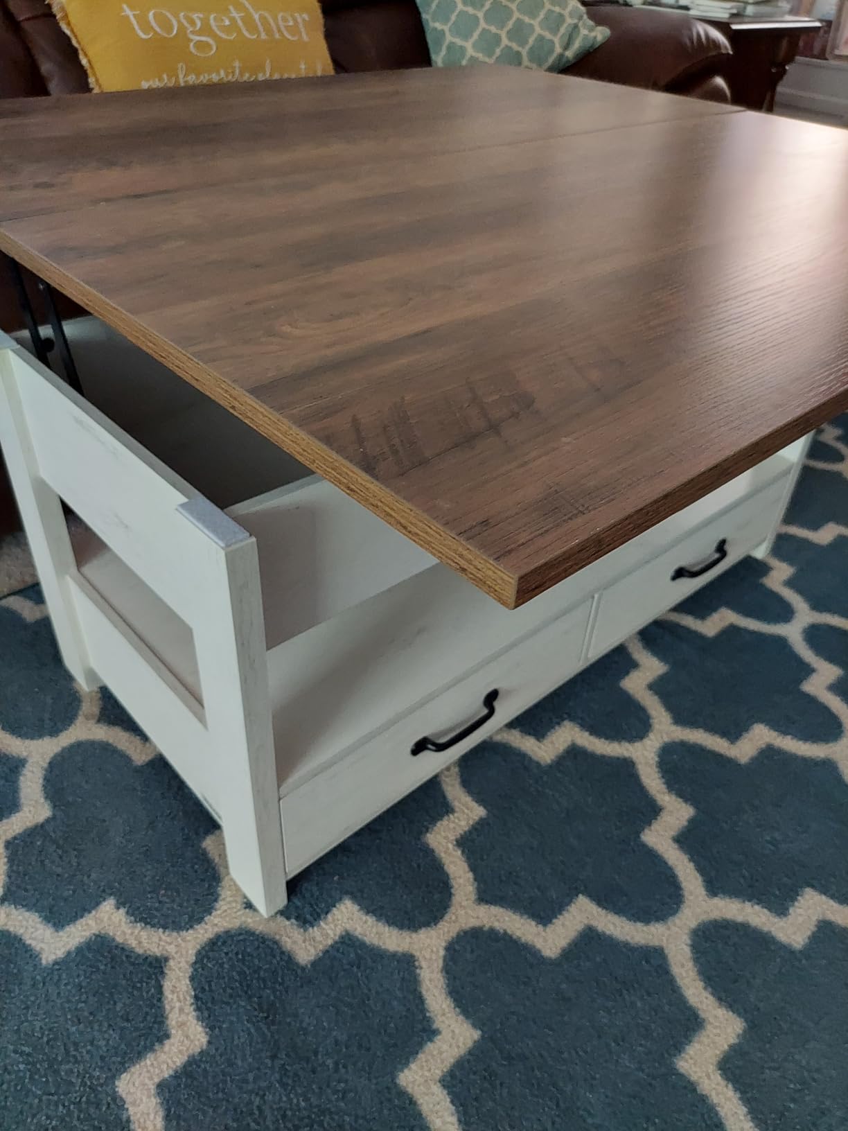 VASAGLE Lift Top Coffee Table, Lift Coffee Table with Storage Shelf, Hidden Compartments and Lifting Top, for Living Room, Office, 19.7 x 47.2 x (19.3-24.4) Inches, Rustic Brown and Black ULCT212B01 customer photo 1
