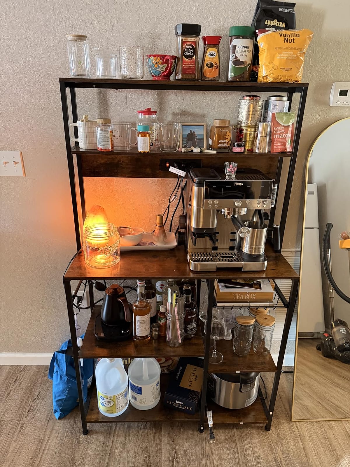 SUPERJARE Bakers Rack with Power Outlet, 35.4 Inches Coffee Bar with Basket | Kitchen Microwave Stand with 6 S-Shaped Hooks, Open Storage Shelves, Rustic Brown customer photo 2