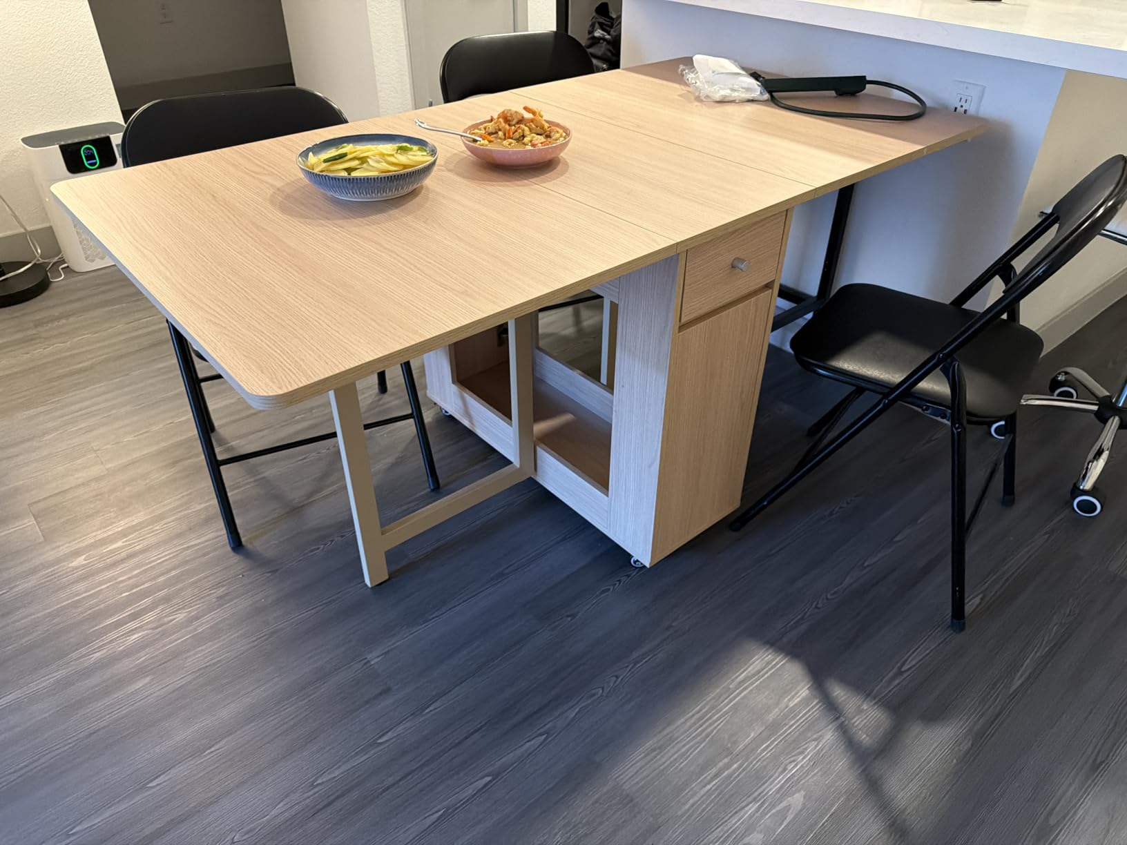 COMUHOME Drop Leaf Folding Dining Table with Storage, Wheels, Space Saving, Foldable Design, 18mm Thick Plywood, 300 lbs Capacity, Lockable Wheels, Farmhouse Style customer photo 1