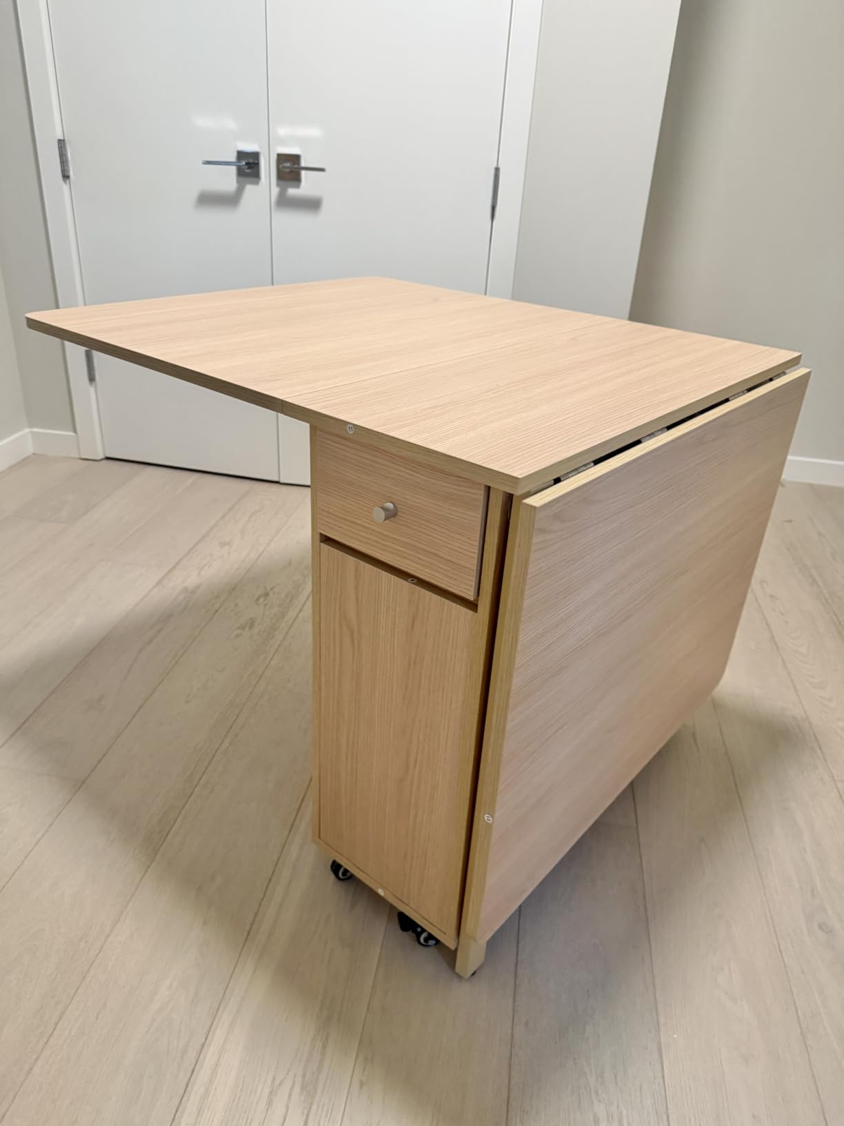 COMUHOME Drop Leaf Folding Dining Table with Storage, Wheels, Space Saving, Foldable Design, 18mm Thick Plywood, 300 lbs Capacity, Lockable Wheels, Farmhouse Style customer photo 2
