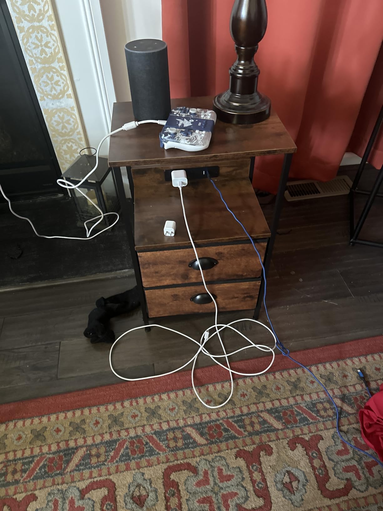 Furologee End Table with Charging Station, Nightstand with Fabric Drawers, Side Tables with USB Ports & Outlets, Night Stand with Storage Shelf & Hooks, for Living Room/Bedroom, White customer photo 1