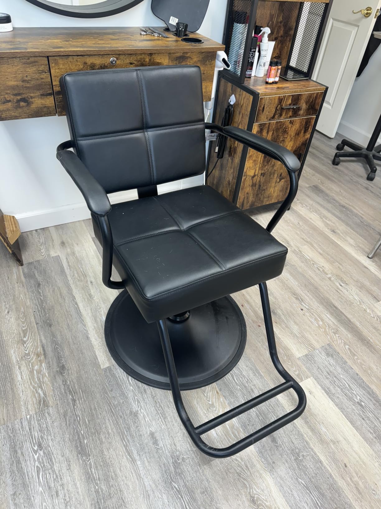 Buy-Rite Atlas Styling Chair for Professional Salons and Barbershops, Extra-Wide Seat, Black Metal Frame, Premium Black Vinyl with Detailed Stitching, Open Back Design, Hydraulic Base, NIN-5516 customer photo 1