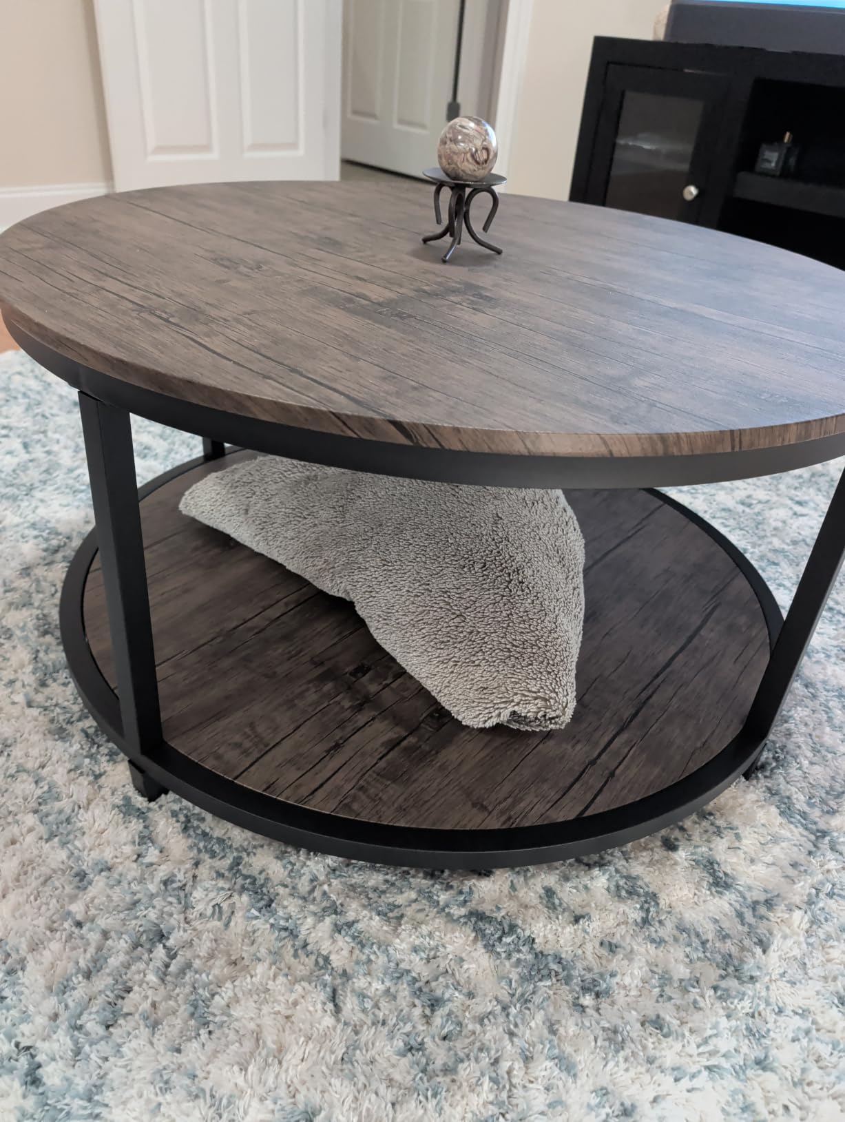 NSdirect 36 inches Round Coffee Table, Rustic Wooden Surface Top & Sturdy Metal Legs Industrial Sofa Table for Living Room Modern Design Home Furniture with Storage Open Shelf (Brown) customer photo 1