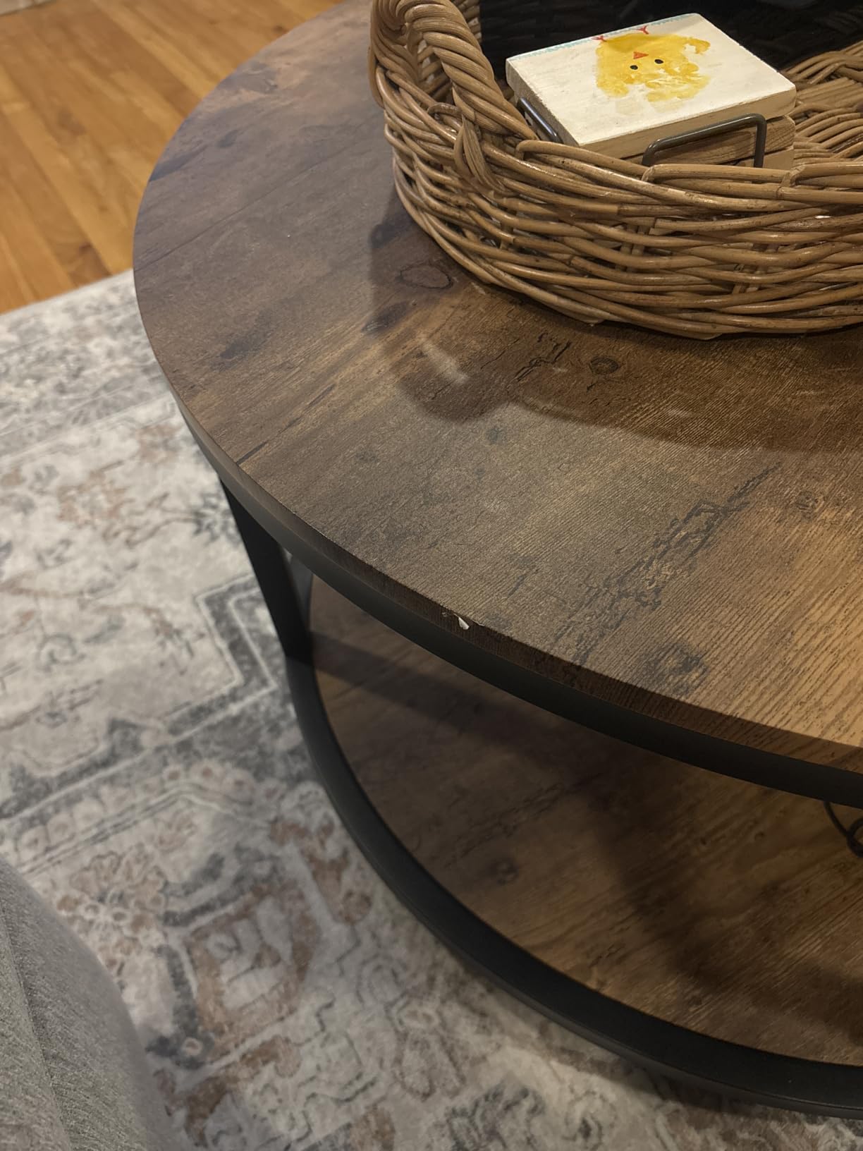 NSdirect 36 inches Round Coffee Table, Rustic Wooden Surface Top & Sturdy Metal Legs Industrial Sofa Table for Living Room Modern Design Home Furniture with Storage Open Shelf (Brown) customer photo 2