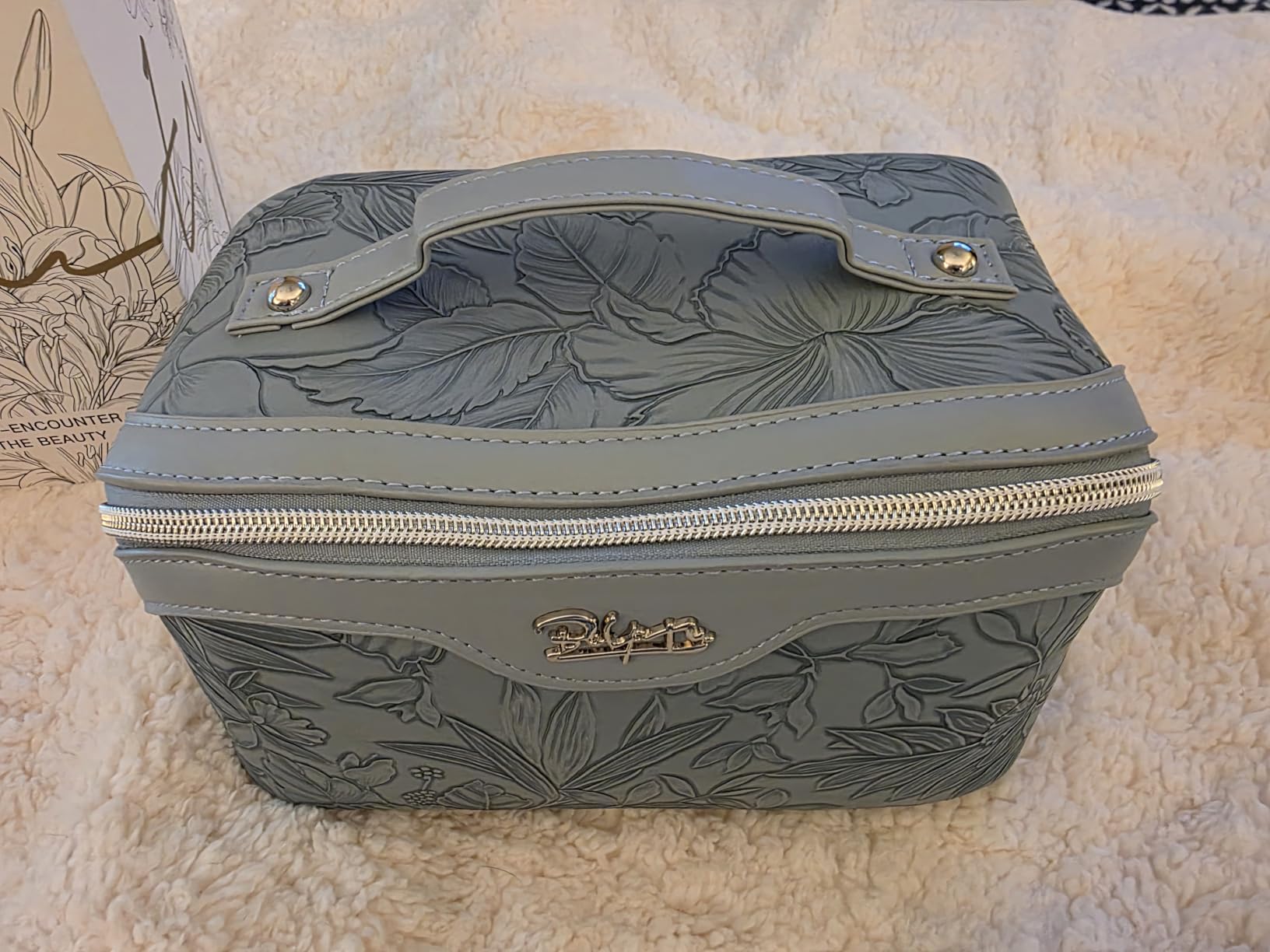 BOYATU Travel Makeup Bags Cosmetic Organizer Bag: Floral Make up Bag | 3 Pcs Set Large Capacity Makeup Bag with Compartments - Waterproof Leather Toiletry Bags with Handle for Women (Blue) customer photo 1
