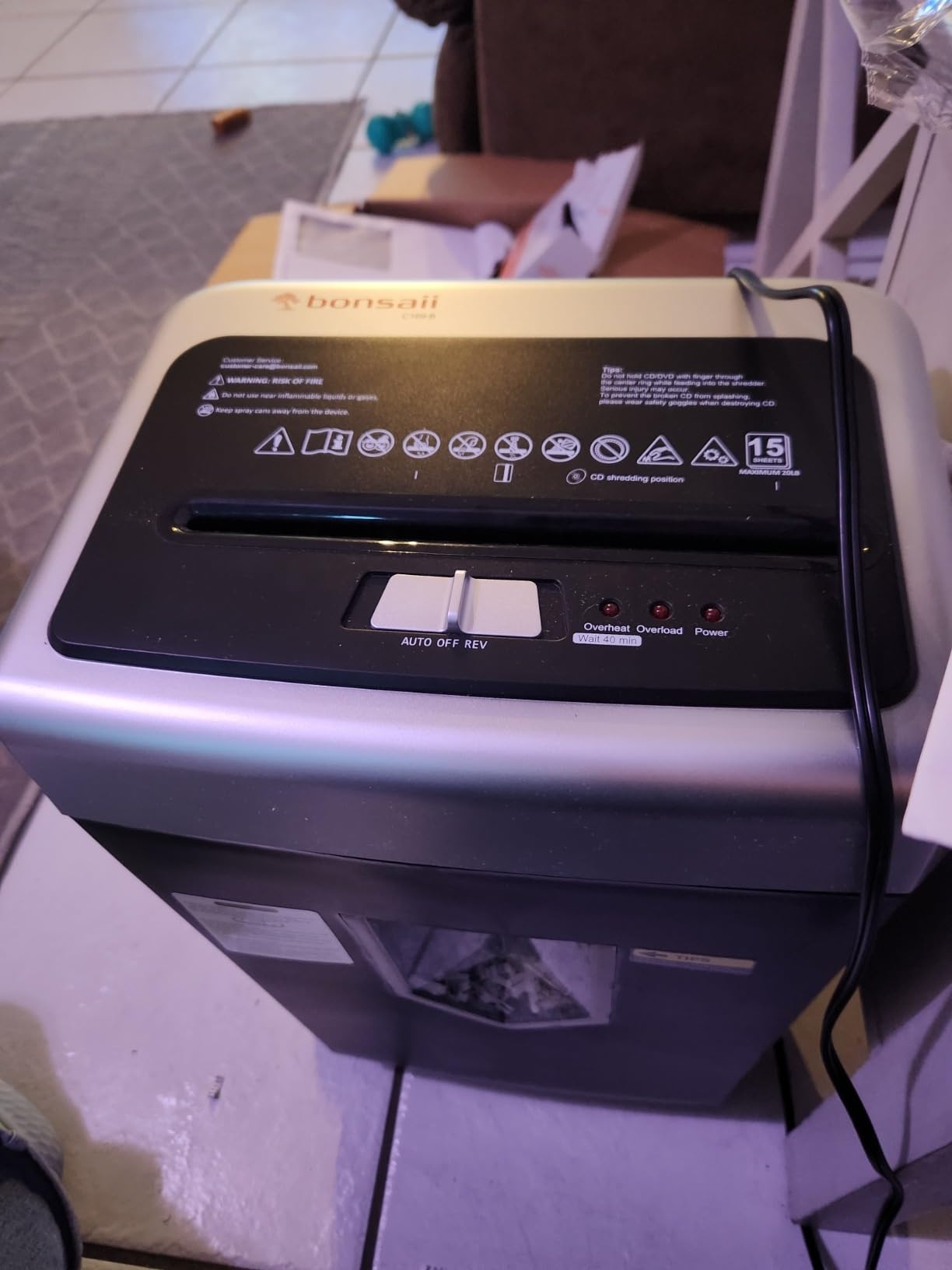 Bonsaii 15-Sheet Cross-Cut 40-Min Heavy Duty Paper Shredder for Home Office | Anti-jam, 60dB Whisper-Quiet, P-4 High Security, Shredder for CDs, Staples, 5 Gal Pullout Bin, Easy-roll Casters C169-B customer photo 1