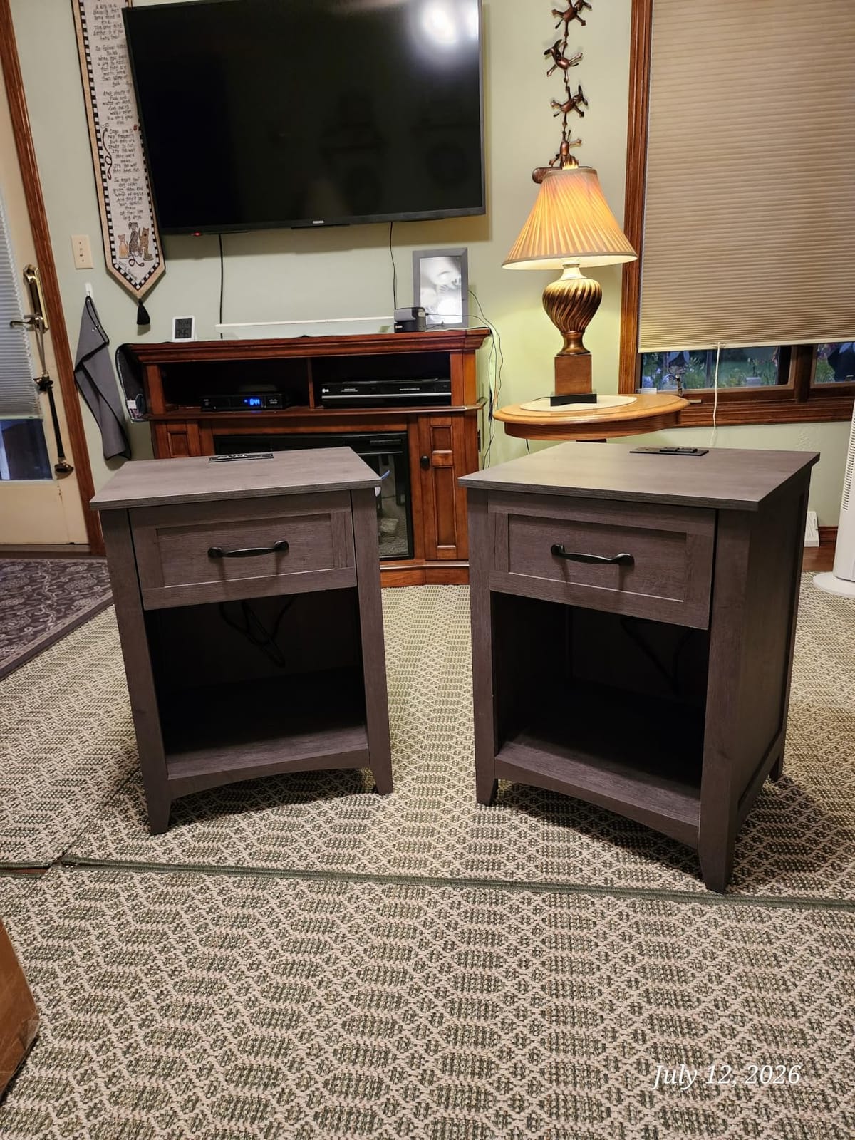 VASAGLE Farmhouse Nightstands with Charging Station, 1 Drawer, Set of 2 | Bedside Table, Side Table with Open Compartment, for Bedroom, Rustic White and Honey Brown, LIRY Collection customer photo 2