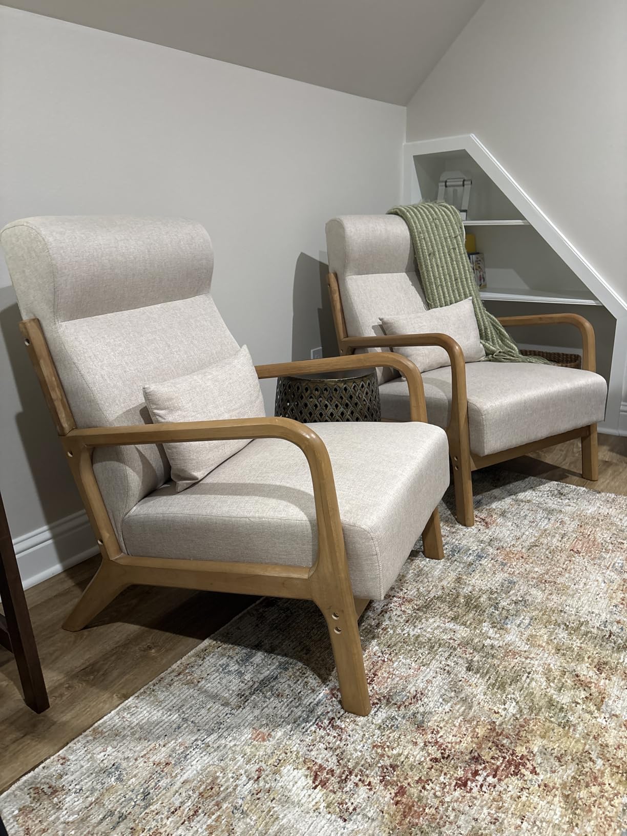 INZOY Mid Century Modern Accent Chair with High Back, Upholstered Living Room Chairs with Waist Cushion, Wood Frame Reading Armchair for Bedroom Sunroom, Green customer photo 1